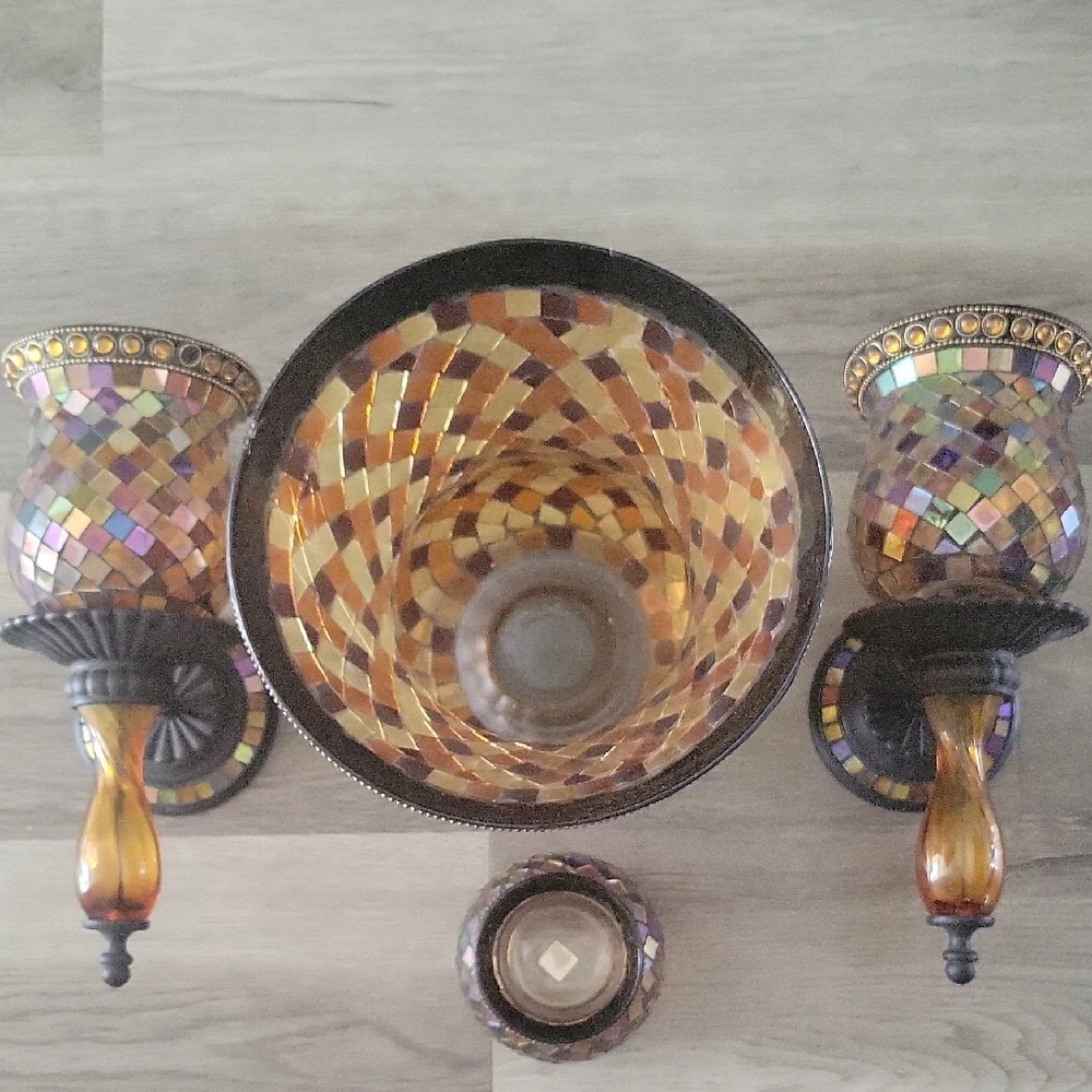 Iridescent Mosaic Glass Wall Lantern & Vase Set Multicolor Brown & Amber Accents